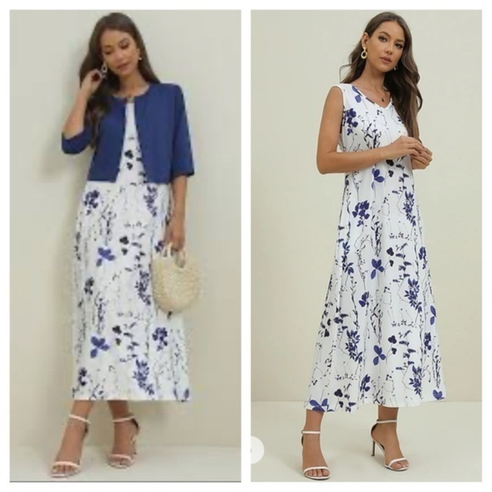 NWT 2 piece spring tea length white and blue floral dress w/ jacket and pockets!